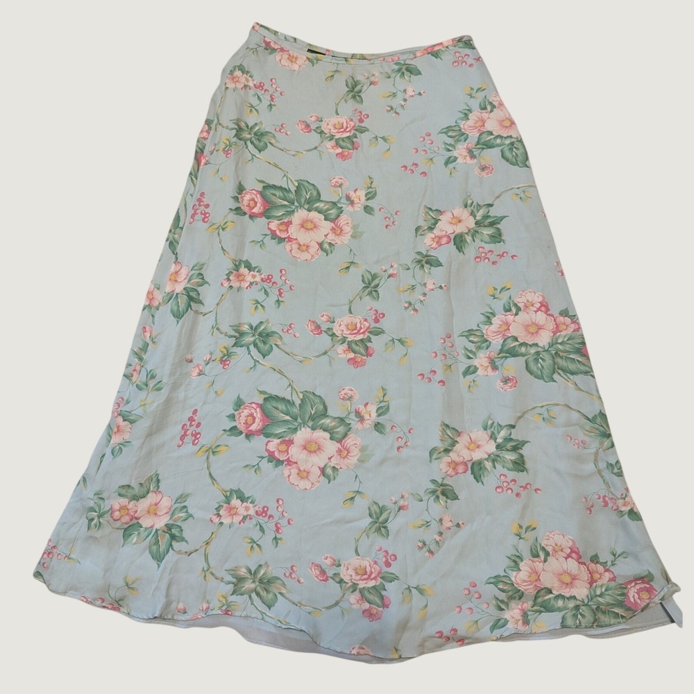 Lauren Ralph Lauren Silk Maxi Skirt Womens 6P Blue Pink Floral Vintage Romantic